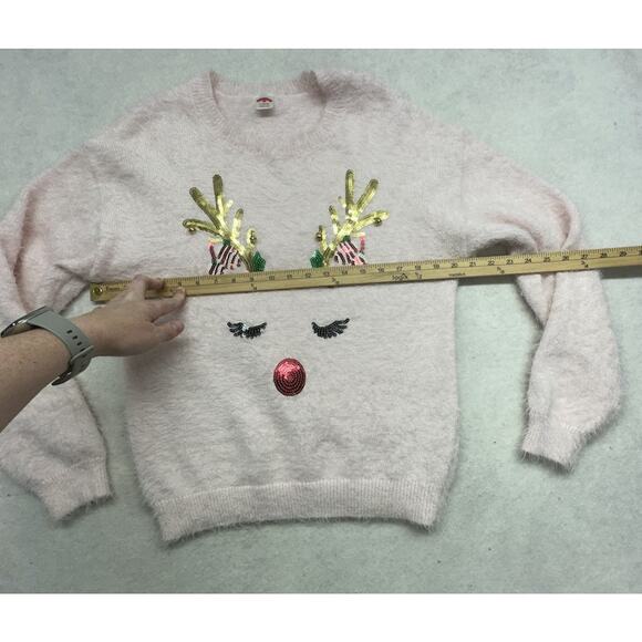 Holiday Time Womens Large Sweater Light Pink Reindeer Bells Sequins Fuzzy - Picture 6 of 7